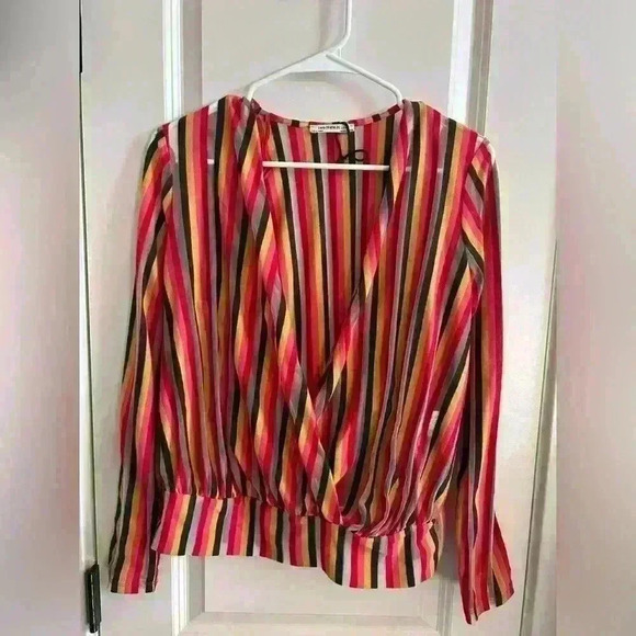 Zara colorful and sheer striped long sleeve blouse size Small deep low neck - Picture 1 of 6